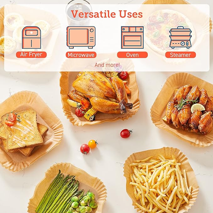 Cosori Air Fryer Liners, 100 PCS Square Disposable Paper Liners, Non-Stick Silicone Oil Coating, Little to No Cleaning, 6.5" Unbleached Food Grade, Resistant to 465°F, Thickened Not Easy to Break