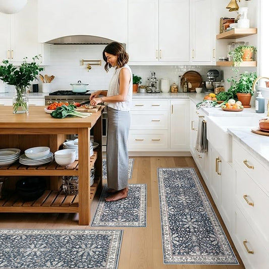 Kitchen Rug Sets 4-Piece with Runner – Washable Non-Slip Floor Mats for Sink, Entryway, Hallway, Bathroom – Soft Low-Pile Thin Boho Floral Rugs, New Home Decor (Blue, 2x3+2x4+2x5+2x6)