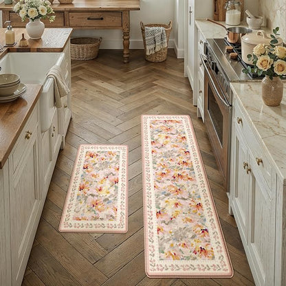 Anti Fatigue Kitchen Mats 2PCS Thick Non Slip Cushioned Rugs Beige Abstract Floral Waterproof Comfort Standing Mats for Floor Sink Laundry Office 17.3"×59"+17.3"×30"