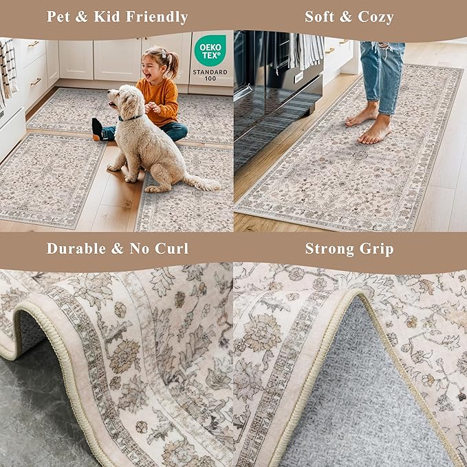 2x3 Non-Slip Washable Kitchen Rug – Boho Small Accent Rug for Sink & Entryway, Soft Low Pile Thin Carpet for Pet Area & Bathroom, Indoor Door Mat (Beige,2x3)