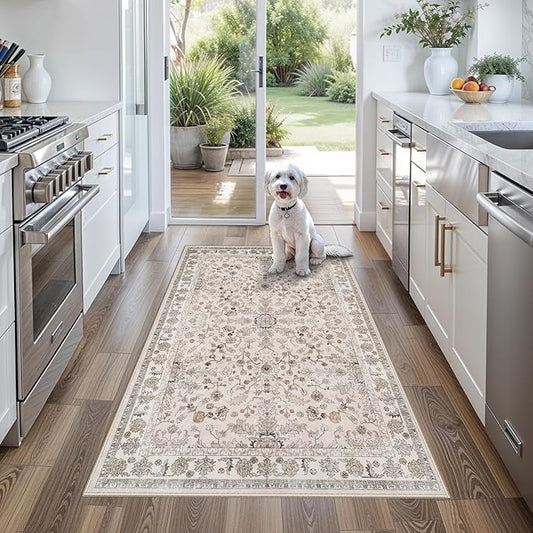 3x5 Kitchen Rug Washable Non-Slip, Modern Boho Indoor Small Area Rugs for Entryway Bedroom Living Room, Soft Low-Pile Thin Doormat (Beige, 3x5