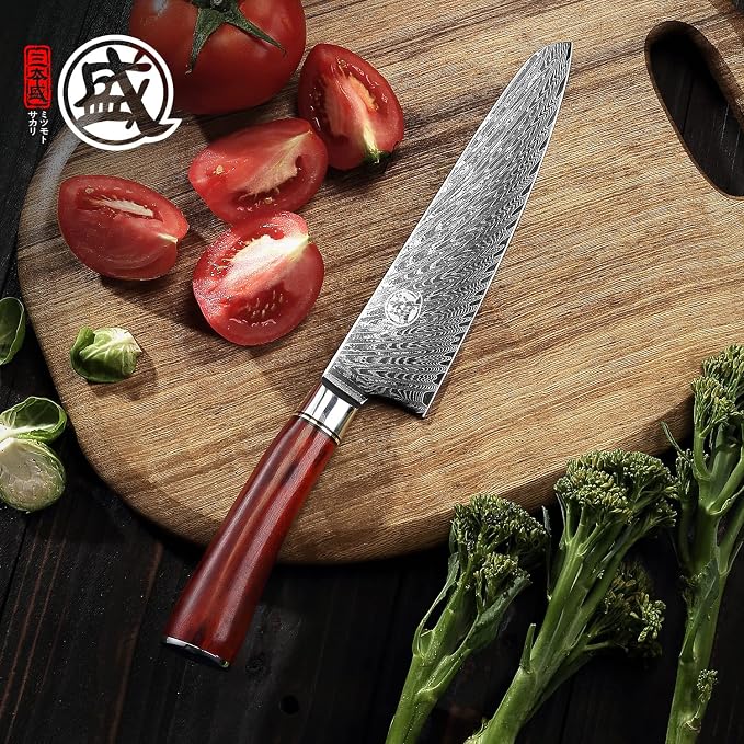 MITSUMOTO SAKARI 7.5-Inch Japanese Santoku Knife, VG-10 Damascus Steel | Wide Santoku blade for slicing, dicing and mincing, 67-layer VG-10 Damascus steel for daily kitchen prep