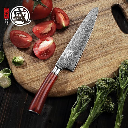 MITSUMOTO SAKARI 7.5-Inch Japanese Santoku Knife, VG-10 Damascus Steel | Wide Santoku blade for slicing, dicing and mincing, 67-layer VG-10 Damascus steel for daily kitchen prep