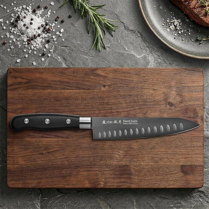 7 Inch Japanese Chef Knife, Made in Japan, High Carbon Molybdenum Stainless Steel Gyuto Knife with Granton Edge Titanium Coated Blade, Kitchen Knife for Slicing Meat