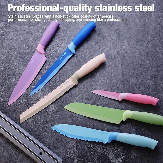 HAUSHOF Kitchen Knife Set with Magnetic Knife Strip for Wall, 6-Piece Colorful Knives Set for Kitchen, Non-Stick Coated Stainless Steel Blades for Slicing, Dicing, Magnetic Knife Holder for Storage