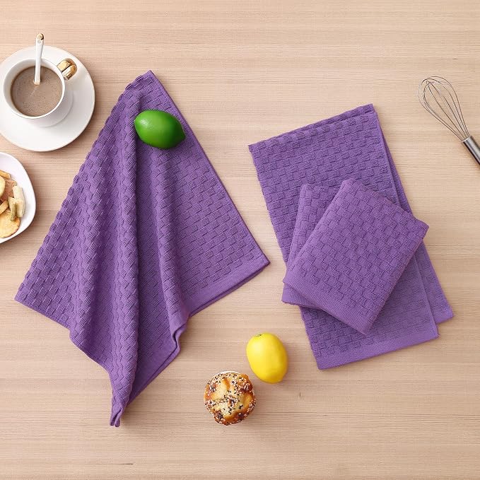 Homaxy 100% Cotton Kitchen Towels and Dishcloths Set, 12 x 12 & 15 x 25 Inches, Set of 12 Bulk Terry Cloth Dish Towels, Super Soft and Absorbent Hand Towel with Hanging Loop, Purple