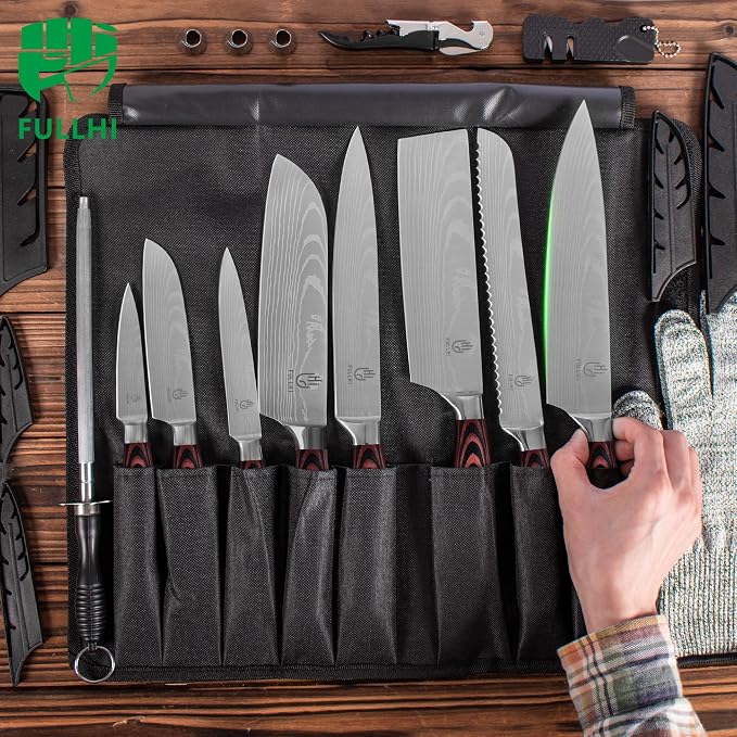 FULLHI 15pcs Japanese Knife Set with Magnetic Knife Block Holder, Japan Stainless Steel Blades, Ergonomic Handles for Professional and Home Cooking（Coffee wood, Magnetic Block Knife Set)