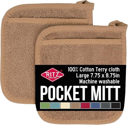 RITZ Terry Pocket Mitt & Hot Pad: Unparalleled Heat Resistant, Durable 100% Cotton – Ergonomically Designed for Optimal Grip – Easy-Care Machine Washable – 2-Pack, Mocha