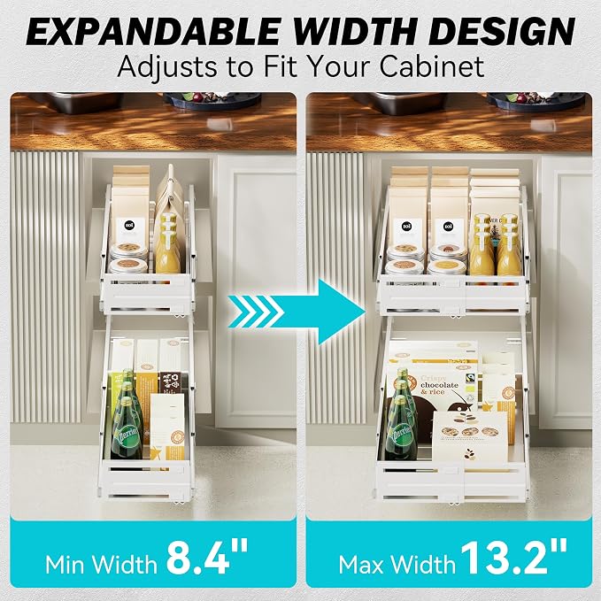 Pull Out Cabinet Organizer, Expandable Width 8"-13", Heavy Duty Metal Slide Out Drawers for Cabinets, Expandable Cabinet Pull Out Shelves for Kitchen, Pantry, Bathroom, White