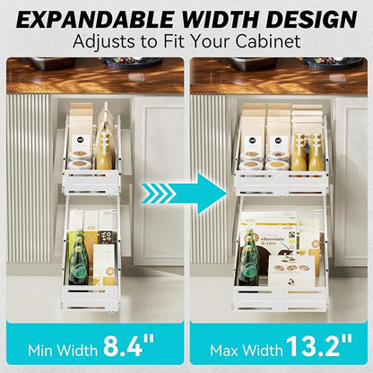 Pull Out Cabinet Organizer, Expandable Width 8"-13", Heavy Duty Metal Slide Out Drawers for Cabinets, Expandable Cabinet Pull Out Shelves for Kitchen, Pantry, Bathroom, White