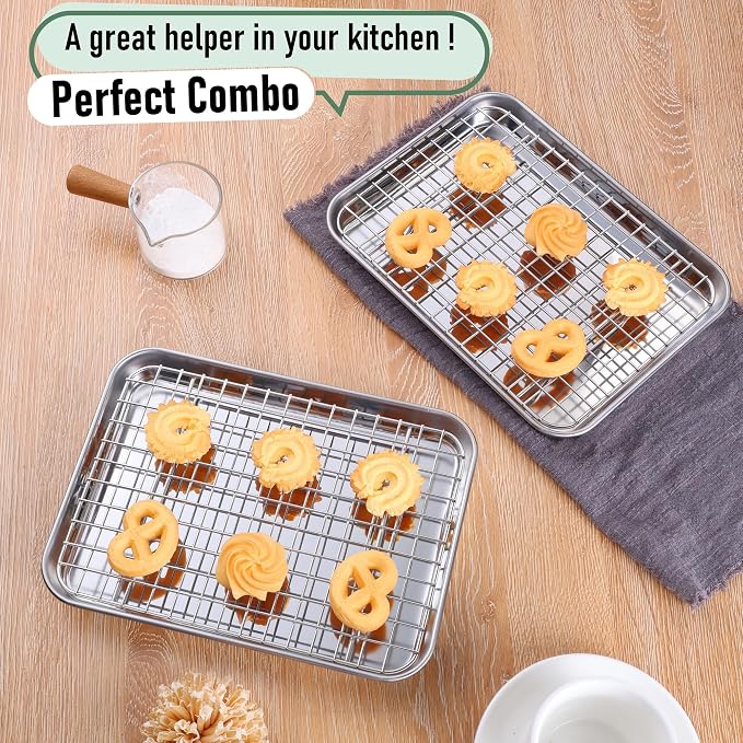 Homikit Toaster Oven Pan with Rack Set (2 Small Baking Sheets+2 Grill Racks), 9 x 7 Inch Stainless Steel Small Cookie Sheets Bacon Tray with Cooling Racks for Baking Roasting, Dishwasher Safe