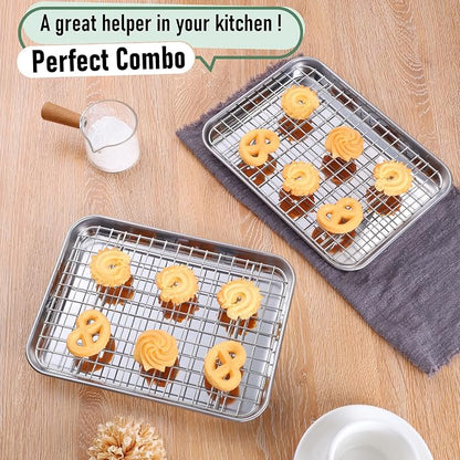 Homikit Toaster Oven Pan with Rack Set (2 Small Baking Sheets+2 Grill Racks), 9 x 7 Inch Stainless Steel Small Cookie Sheets Bacon Tray with Cooling Racks for Baking Roasting, Dishwasher Safe