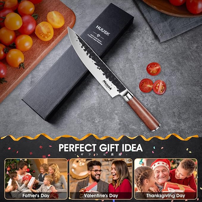 Huusk Japanese Chef Knife 8 Inch Gyuto Knife, Professional Sharp Kitchen Knives for Cooking, Solid Rosewood Handle Carbon Steel Knives with Gift Box, Gift Idea for Men & Women