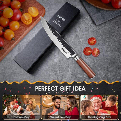 Huusk Japanese Chef Knife 8 Inch Gyuto Knife, Professional Sharp Kitchen Knives for Cooking, Solid Rosewood Handle Carbon Steel Knives with Gift Box, Gift Idea for Men & Women