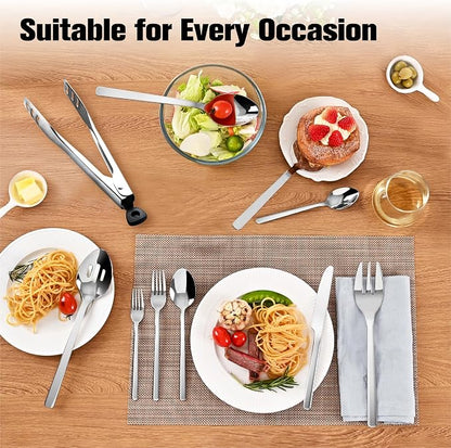 KINGSTONE Silverware Set With Serving Utensils, 65 Piece Flatware for 12, 18/10 Cutlery With 5 Piece Serving Utensil Set - Modern and Original Design, Dishwasher Safe