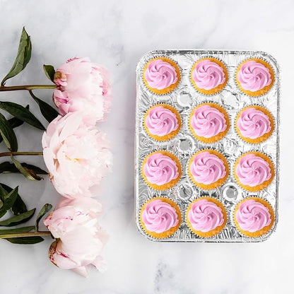 PLASTICPRO Aluminum Foil Mini Muffin Pans Reusable and Disposable, Holds 12 Mini Cupcakes/Muffin foil Pan Pack of 10
