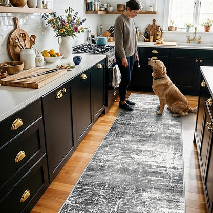 Washable 2x5 Kitchen Area Rug: Non-Slip Abstract Water-Resistant Entryway Rug Soft Sink Fridge Area Bedroom Carpet Low Pile Floor Mat for Bathroom Laundry Nursery Non-Shedding Runner(2X5,Black/Grey)