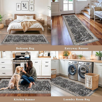 2x8ft Kitchen Rug Runners Washable Non Slip – Boho Floral Carpet Runner for Hallway, Bathroom, Bedroom, Entryway – Soft Low-Pile Thin Long Kitchen Floor Rug (Black, 2x8)