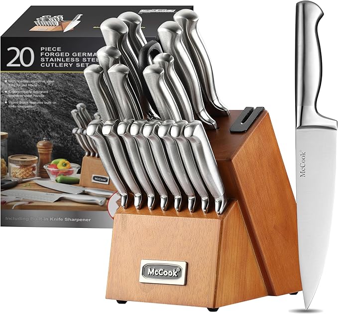 McCook® Kitchen Knife Sets,German Stainless Steel Knives Block Set with Built-in Sharpener, 20 Piece Chef Knife and More, Razor Sharp, Restaurant Grade, Anti-Rust, Elegant Box for Gift