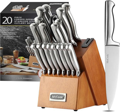 McCook® Kitchen Knife Sets,German Stainless Steel Knives Block Set with Built-in Sharpener, 20 Piece Chef Knife and More, Razor Sharp, Restaurant Grade, Anti-Rust, Elegant Box for Gift