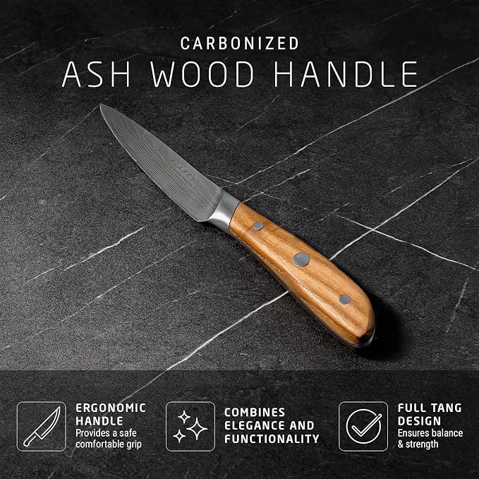 Swiss Diamond Paring Knife, German Steel with Carbonized Ash Wood, Full Tang Handle, Damascus Blade Chef Knives Professional Grade, 55+2 Rockwell Hardness, 4.5 Inch