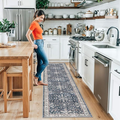 2x8ft Washable Non Slip Kitchen Rugs – Boho Floral Stain-Resistant Low-Pile Floor Carpet Runner for Hallway, Bathroom, Bedroom, Entryway (Blue, 2x8)