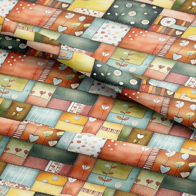 Patchwork Cotton Fabric Panel 61 x 36.6 Inches, Scandinavian Heart Pattern Quilt Style, Multicolor Rustic Design, 100% Cotton 140 GSM