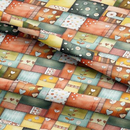 Patchwork Cotton Fabric Panel 61 x 36.6 Inches, Scandinavian Heart Pattern Quilt Style, Multicolor Rustic Design, 100% Cotton 140 GSM