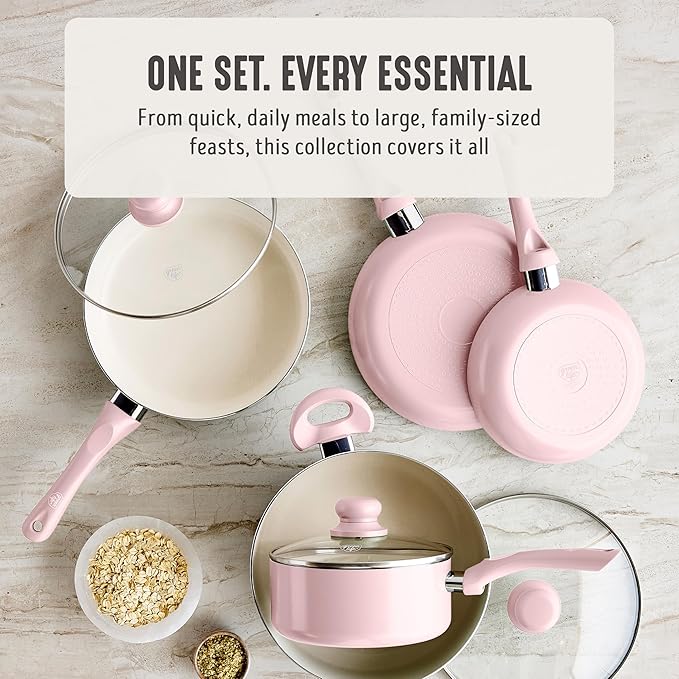 GreenLife 16-Piece Nonstick Cookware Set, Non-Toxic Ceramic Pots and Pans Set, Durable Healthy Kitchen Essentials, Fast Heating, Induction Ready, Easy Clean Dishwasher Safe, PFAS-Free, Blush Pink