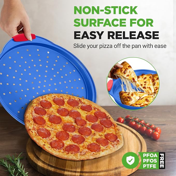NutriChef 13-Inch Nonstick Pizza Tray - Round Carbon Steel Non-Stick Pizza Baking Pan with Perforated Holes, Premium Bakeware Pizza Screen with Silicone Grip Handles, Dishwasher Safe - Blue