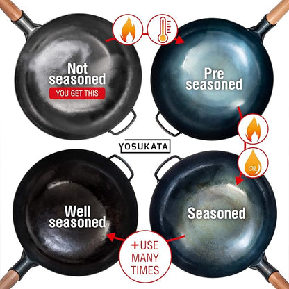 YOSUKATA 14” Round Bottom Carbon Steel Woks and Stir Fry Pans – Unseasoned Pow Wok for Stir Fry, BBQ & Camping – Hand-Hammered Traditional Japanese and Chinese Pan – Gas Stove, Open Fire Only