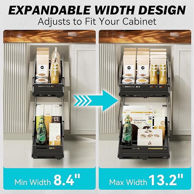 Pull Out Cabinet Organizer, Expandable Width 8"-13", Heavy Duty Metal Slide Out Drawers for Cabinets, Expandable Cabinet Pull Out Shelves for Kitchen, Pantry, Bathroom, Black