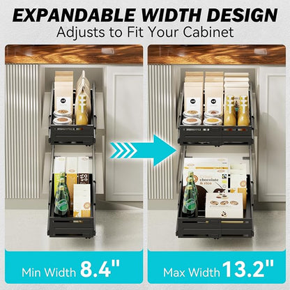 Pull Out Cabinet Organizer, Expandable Width 8"-13", Heavy Duty Metal Slide Out Drawers for Cabinets, Expandable Cabinet Pull Out Shelves for Kitchen, Pantry, Bathroom, Black