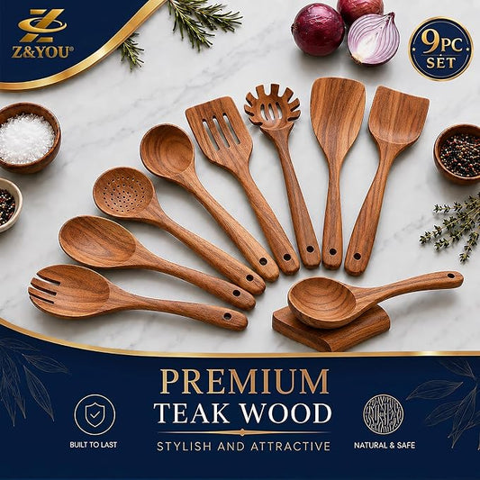 9-Piece Teak Wooden Utensil Set – Wooden Spoons for Cooking with Spoon Rest, Wooden Spatula, and Non Toxic Cooking Utensils – Premium Kitchen Utensils Set for Daily Use