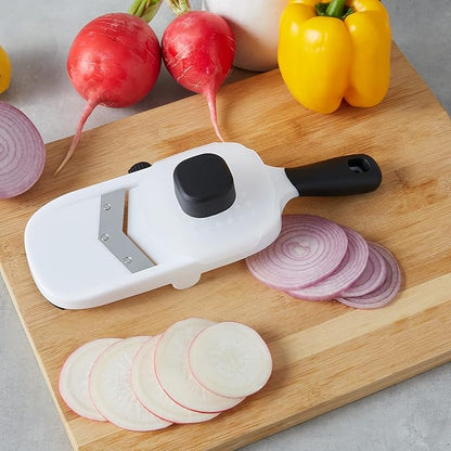 Amazon Basics Hand-held Safe Mandoline Slicer for Vegetables and Fruits, Adjustable Thickness, Stainless Steel Blade, White, 11.3" x 4.5" x 2.5"