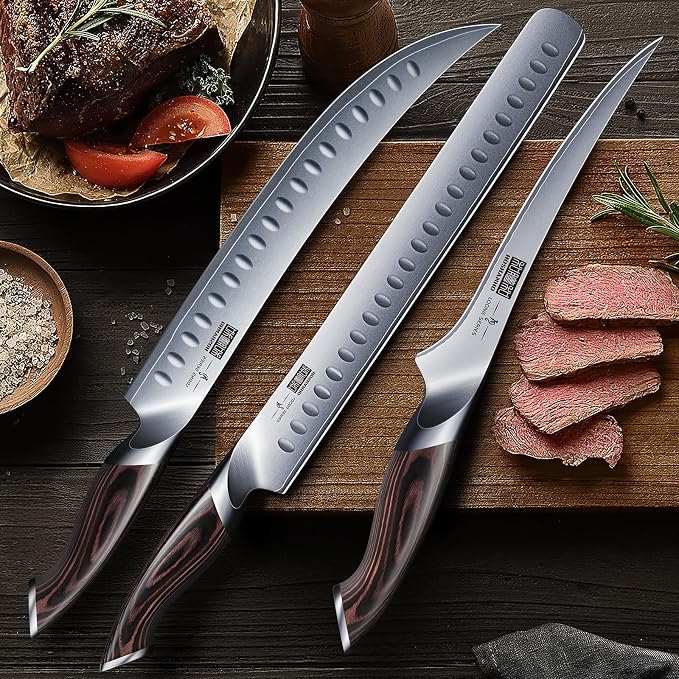 HOSHANHO Carving Knife Set 3PCS, Japanese High Carbon Steel Brisket Slicing Knife Sets with Ergonomic Pakkawood Handle, Butcher Knife Breaking Knife Boning Knife for Meat Cutting