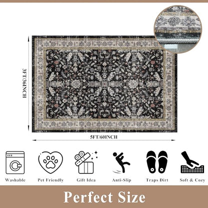 3x5 Kitchen Rug Washable Non-Skid, Boho Indoor Small Throw Area Rugs for Entryway Bedroom Living Room Floor, Soft Stain-Resistant Low-Pile Thin Doormat（Black, 3x5）