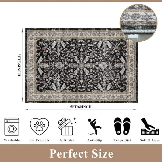 3x5 Kitchen Rug Washable Non-Skid, Boho Indoor Small Throw Area Rugs for Entryway Bedroom Living Room Floor, Soft Stain-Resistant Low-Pile Thin Doormat（Black, 3x5）
