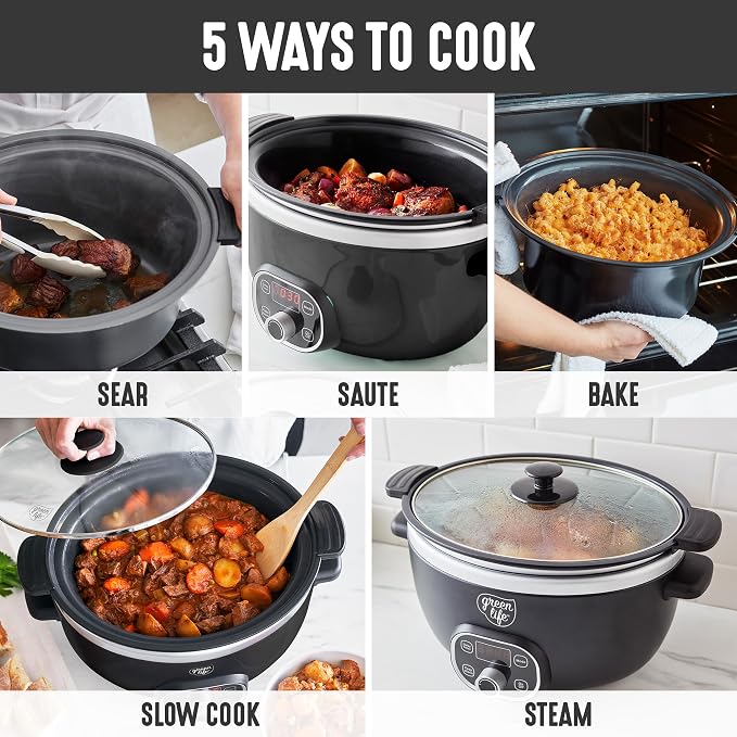 GreenLife 3.5QT Slow Cooker, PFAS-Free Non-Toxic Ceramic Nonstick Removable Interior Bowl, Programmable, Keep Warm, Stovetop & Oven Safe Pot, Dishwasher Safe Crock & Glass Lid, Black