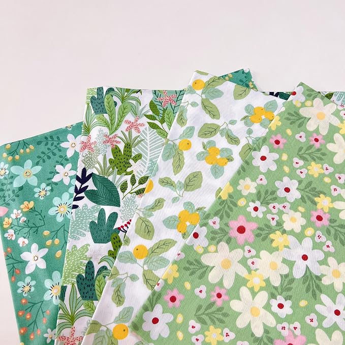 7Pcs 20" x 20" Cotton Fabric DIY Making Supplies Quilting Patchwork Fabric Fat Quarter Bundles DIY for Quilting Cotton Patchwork Cushions (Green Flowers, 20 x 20 inches)