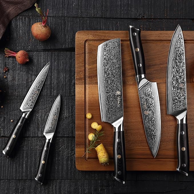 Wakoli Elite Cuisine Knife Block Set – 5-Piece Professional Damascus Kitchen Knife Set with Magnetic Block, G10 Handles & VG10 Core in Elegant Gift Box