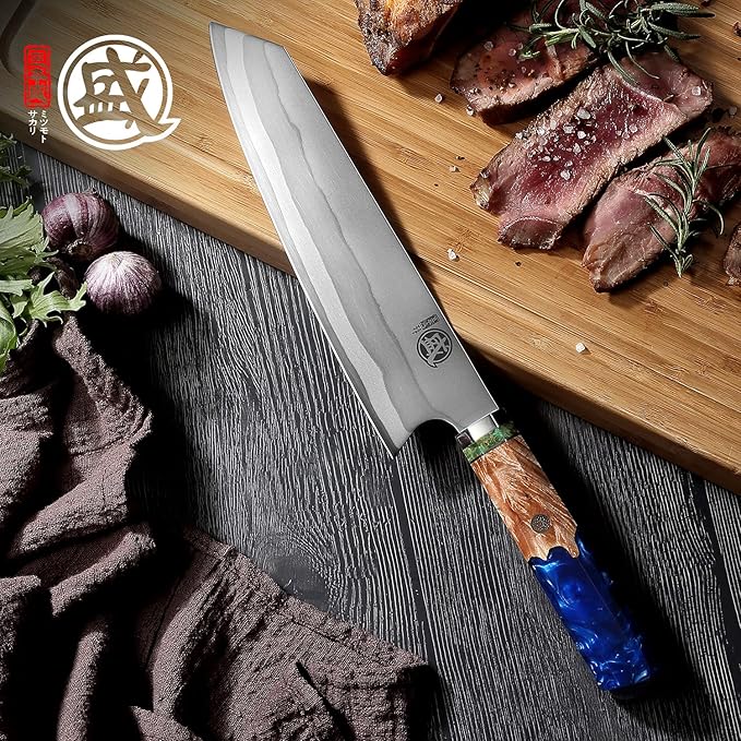 MITSUMOTO SAKARI 8-Inch Kiritsuke Chef Knife, 7-Layer 440C Damascus | Long flat edge for clean slicing, angled tip for detail cuts, blue pomegranate handle, sandalwood box