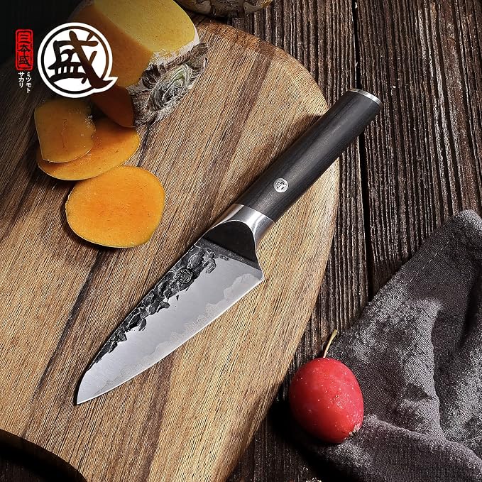 MITSUMOTO SAKARI 4.5-Inch Japanese Paring Knife, SKD-11 Steel | Compact paring knife for peeling, slicing and trimming, 3-layer SKD-11 steel, non-stick coating, pakkawood handle