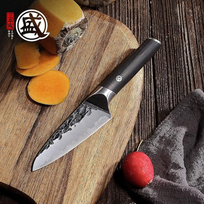 MITSUMOTO SAKARI 4.5-Inch Japanese Paring Knife, SKD-11 Steel | Compact paring knife for peeling, slicing and trimming, 3-layer SKD-11 steel, non-stick coating, pakkawood handle