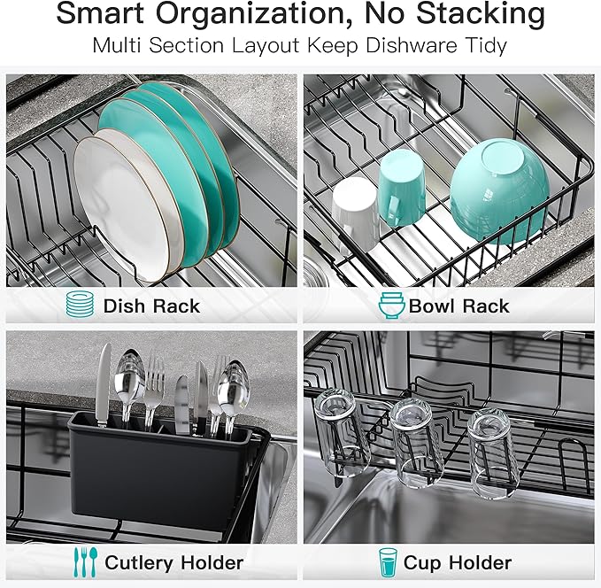 JASIWAY Black Sink Dish Drying Rack with Drainboard, Expandable Stainless Steel Dish Drainers for Kitchen Counter, Space Saving Dish Dryer Rack, Over The Sink Dish Racks with Utensil Holder