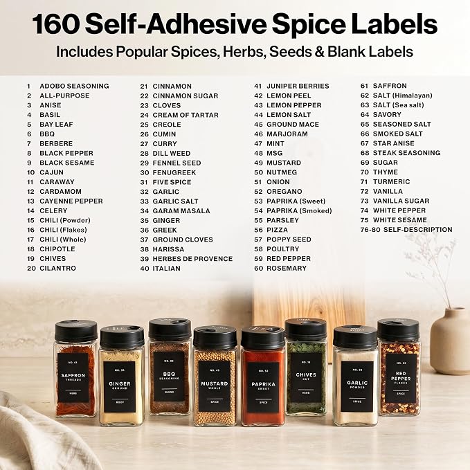 EDELHAUS Glass Spice Jars with Labels & Black Rotating Lids – 12 Large Square Airtight Containers 6.7 oz / 200ml with Shaker Inserts, Funnel & 160 Waterproof Labels for Kitchen Pantry Organization