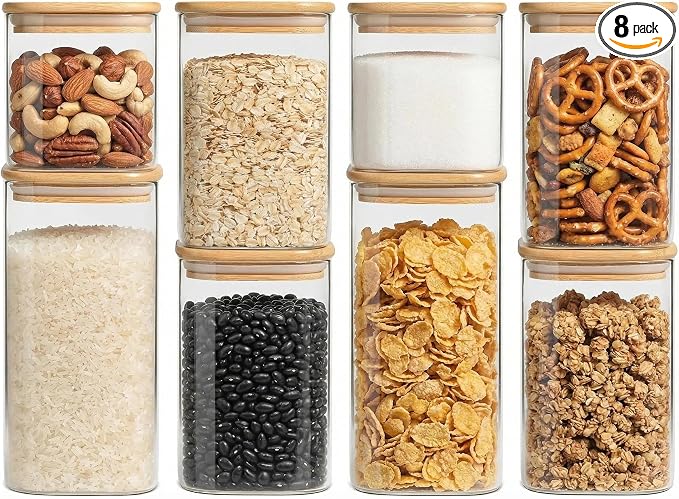 Airtight Glass Storage Containers with Lids 8 Pack, 25/37 /50oz Square Glass Jars with Bamboo Lids, Kitchen Canister Set for Pantry Organization Food Storage for Flour Sugar Rice Pasta Cereal