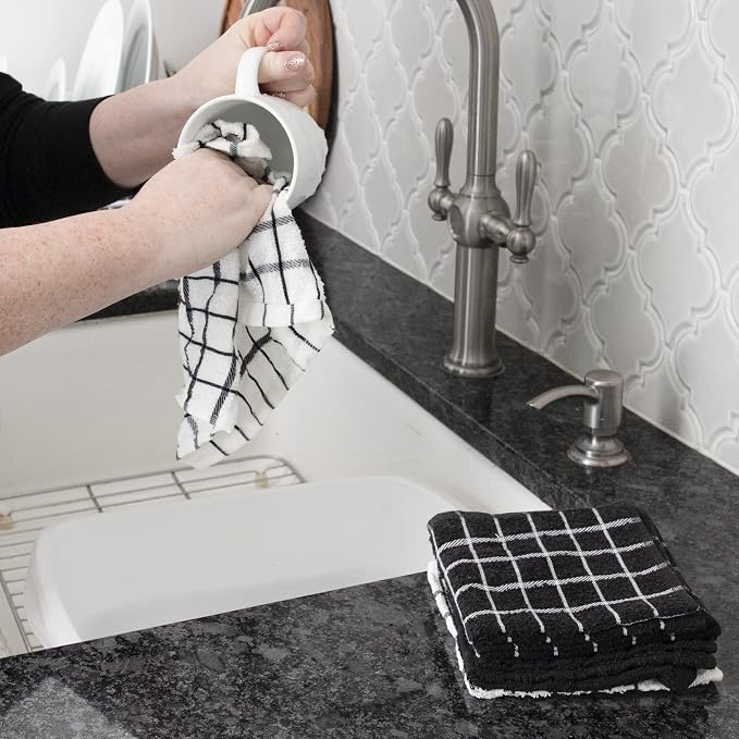 Ritz Premium 100% Cotton Terry Check Kitchen Dish Cloths - Highly Absorbent, Super Soft, Long-Lasting, 12"x12", 6-Pack, Black