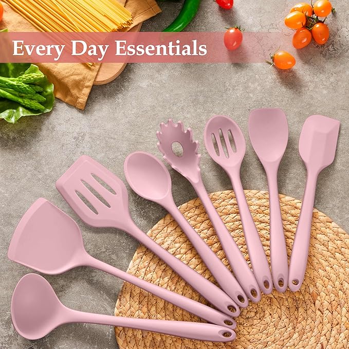 LIANYU Pink Silicone Cooking Utensils Set of 8, Non-Toxic Kitchen Utensils with Spatulas Spoons, Heat Resistant Non-Scratch Kitchen Tool, Healthy & Dishwasher Safe
