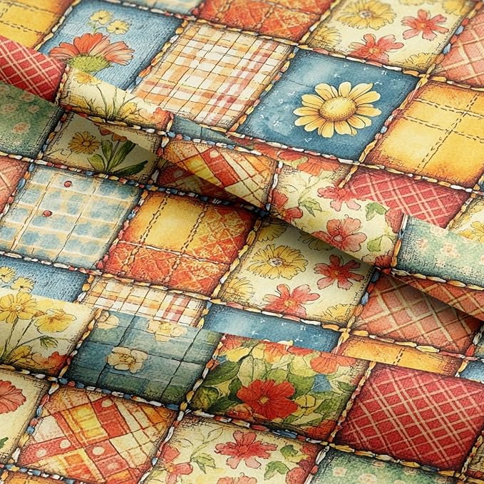 Sunny Garden Patchwork Cotton Fabric Panel 61 x 36.6 Inches, Floral Rustic Quilt Print, Multicolor Yellow Blue Red Tones, 100% Cotton 140 GSM